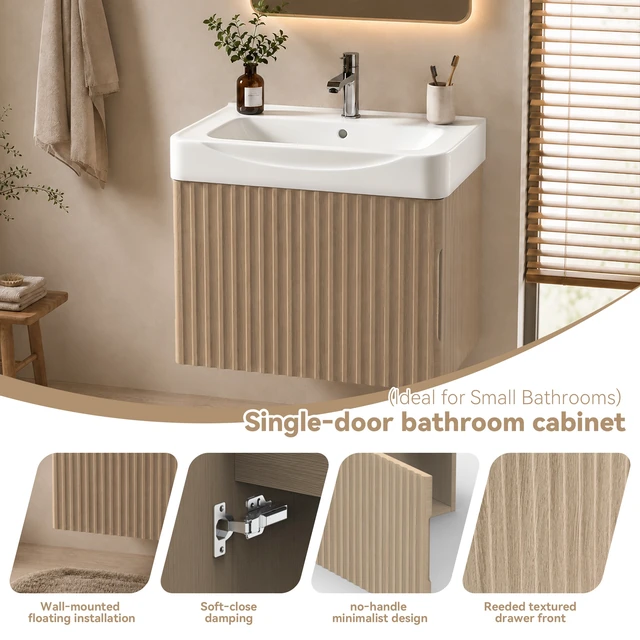 Alt view image 4 of 7 - Wall Inch Vanity with Ceramic Sink with One Faucet Holes, Cabinet Soft Close Doors Pre Installed and Completed, Light