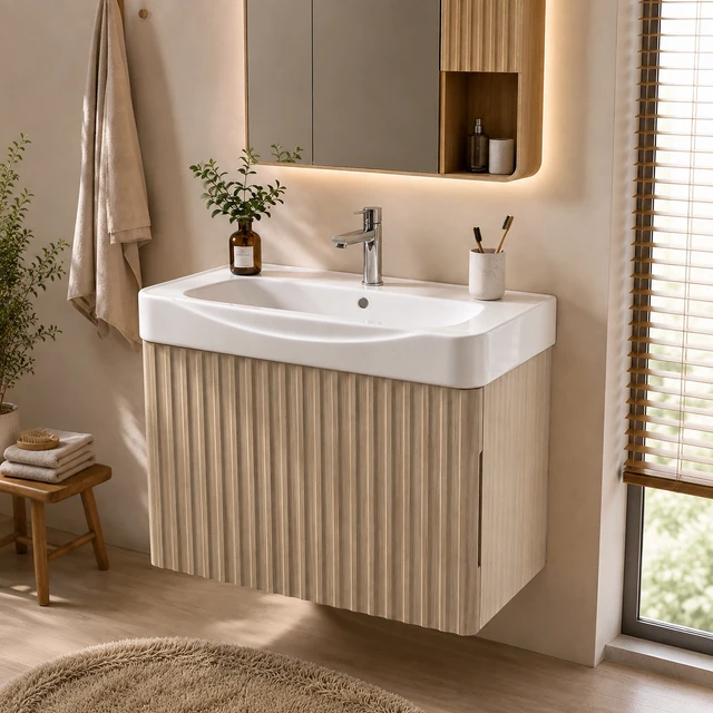 Alt view image 2 of 7 - Wall Inch Vanity with Ceramic Sink with One Faucet Holes, Cabinet Soft Close Doors Pre Installed and Completed, Light