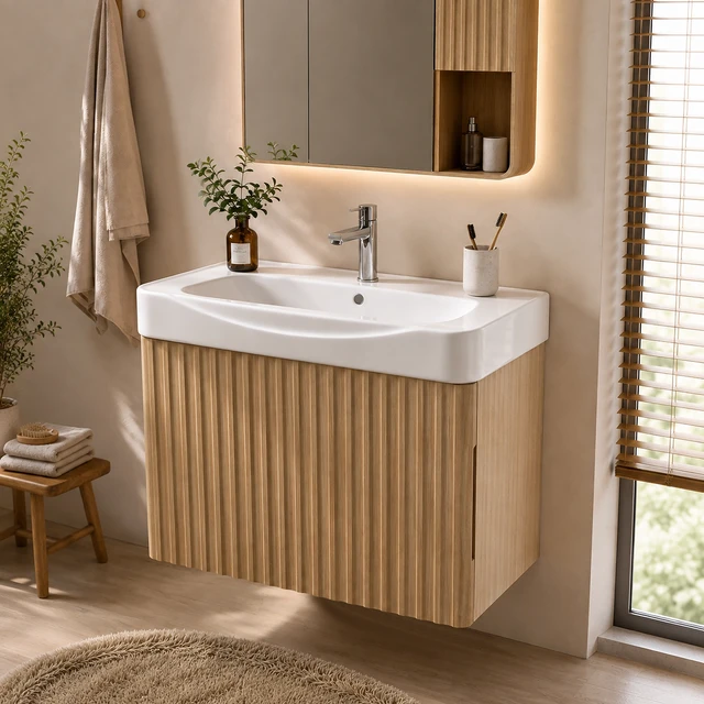 Alt view image 2 of 7 - Wall Inchwood Vanity with Ceramic Sink with One Faucet Holes, Cabinet Soft Close Doors Pre Installed and Completed