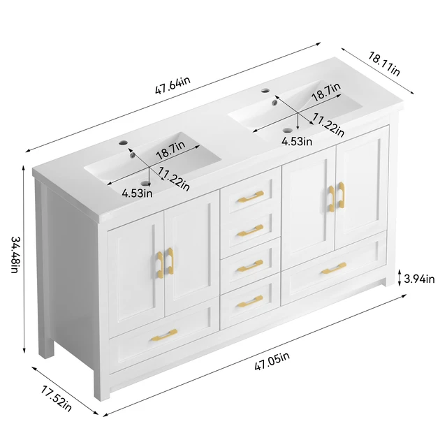 Alt view image 5 of 7 - Inchwhite Vanity Abundant Storage Cabinet Soft Close Doors and 10 Drawers Excluding the Ceramic Basin, White, MDF