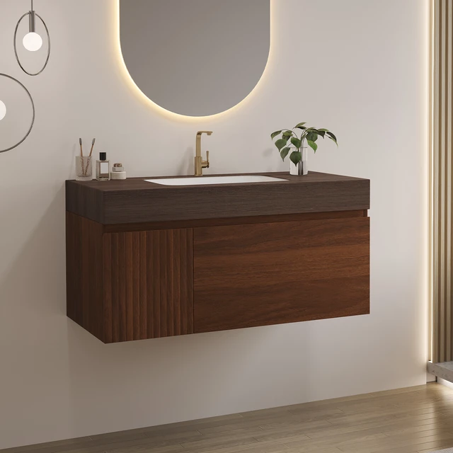 Alt view image 3 of 7 - 36 Inch Floating Vanity with Seamless Sintered Stone Top and Ceramic Basin Soft Close Drawer Cabinet, Wall-Mounted