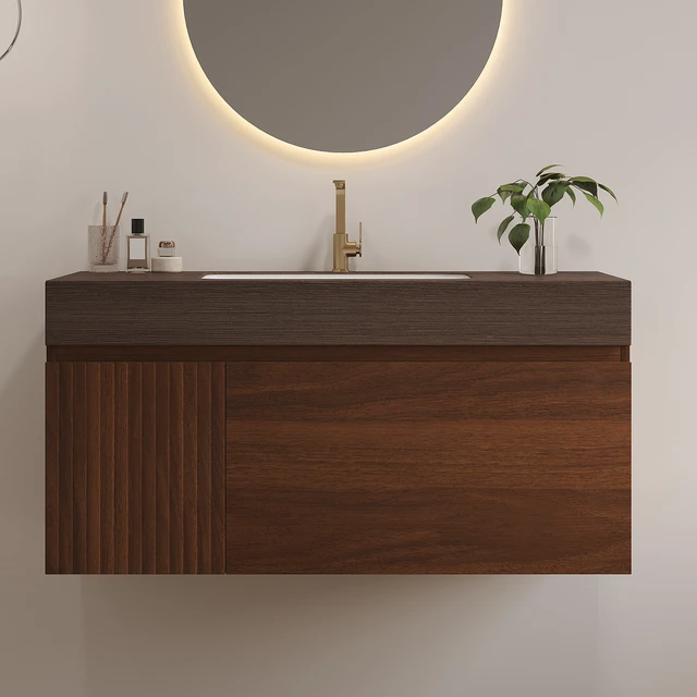 Alt view image 4 of 7 - 36 Inch Floating Vanity with Seamless Sintered Stone Top and Ceramic Basin Soft Close Drawer Cabinet, Wall-Mounted