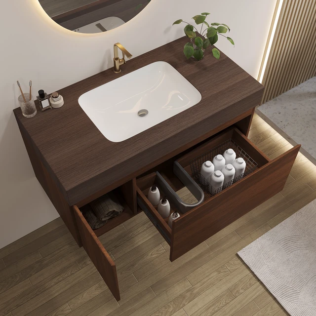 Alt view image 2 of 7 - 36 Inch Floating Vanity with Seamless Sintered Stone Top and Ceramic Basin Soft Close Drawer Cabinet, Wall-Mounted