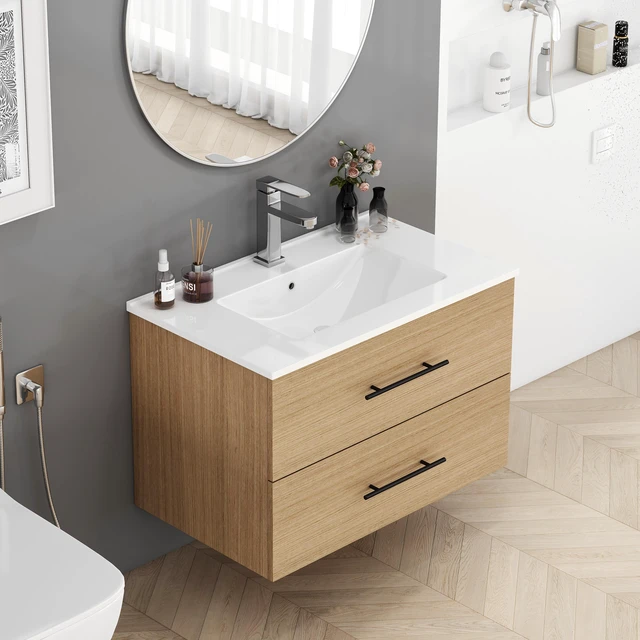 Alt view image 3 of 7 - 30 Inch Wall-Mounted Vanity with Sink Combo, Double Drawers Ceramic Sink Long Metal Handle Easy Installation, Natural