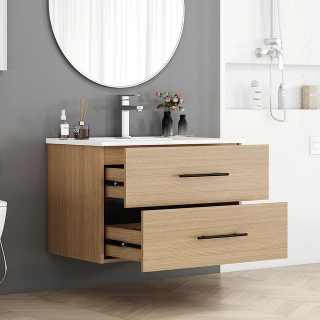 Alt view image 2 of 7 - 30 Inch Wall-Mounted Vanity with Sink Combo, Double Drawers Ceramic Sink Long Metal Handle Easy Installation, Natural