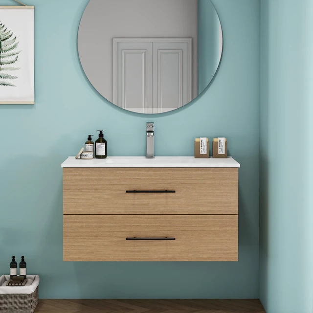 Main image of 36 Inch Wall-Mounted Vanity with Sink Combo, Double Drawers Ceramic Sink Long Metal Handle Easy Installation, Natural