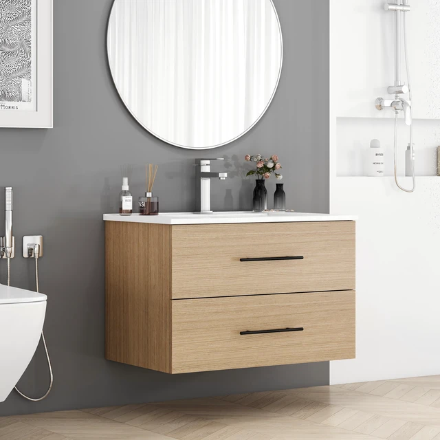 Alt view image 7 of 7 - 30 Inch Wall-Mounted Vanity with Sink Combo, Double Drawers Ceramic Sink Long Metal Handle Easy Installation, Natural
