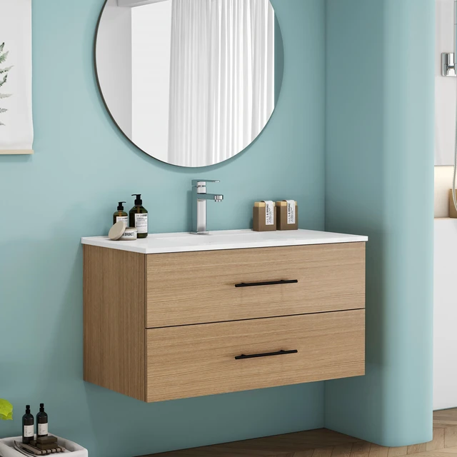 Alt view image 2 of 7 - 36 Inch Wall-Mounted Vanity with Sink Combo, Double Drawers Ceramic Sink Long Metal Handle Easy Installation, Natural