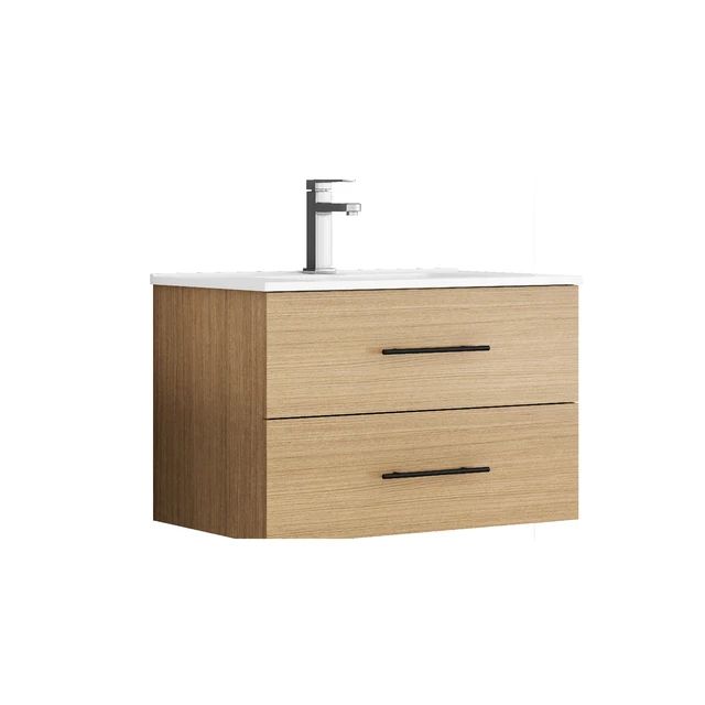 Alt view image 4 of 7 - 30 Inch Wall-Mounted Vanity with Sink Combo, Double Drawers Ceramic Sink Long Metal Handle Easy Installation, Natural