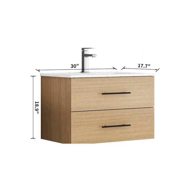 Alt view image 5 of 7 - 30 Inch Wall-Mounted Vanity with Sink Combo, Double Drawers Ceramic Sink Long Metal Handle Easy Installation, Natural