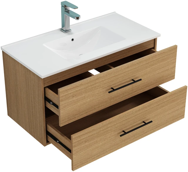 Alt view image 3 of 7 - 36 Inch Wall-Mounted Vanity with Sink Combo, Double Drawers Ceramic Sink Long Metal Handle Easy Installation, Natural