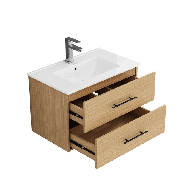 Alt view image 6 of 7 - 30 Inch Wall-Mounted Vanity with Sink Combo, Double Drawers Ceramic Sink Long Metal Handle Easy Installation, Natural