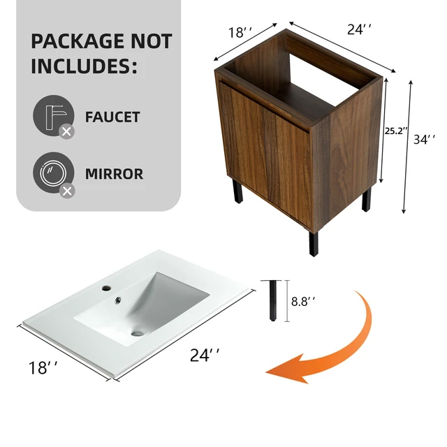Alt view image 2 of 7 - 24 Inch Vanity Cabinet Without Sink Freestanding Fluted Vanity with Doors, Matte Brown, MDF, Vanities