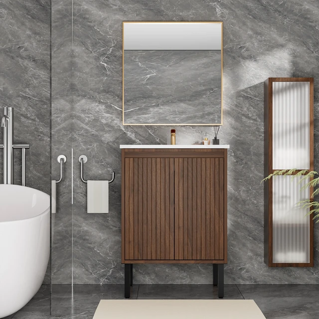 Alt view image 3 of 7 - 24 Inch Vanity Cabinet with Engineered Stone Sink Freestanding Fluted Vanity with Doors, Drain Faucet, Walnut, MDF
