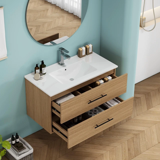Alt view image 5 of 7 - 36 Inch Wall-Mounted Vanity with Sink Combo, Double Drawers Ceramic Sink Long Metal Handle Easy Installation, Natural