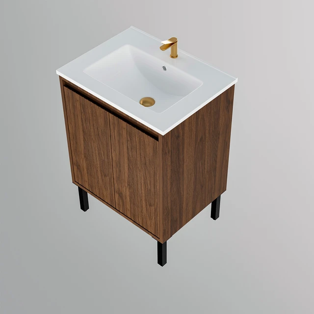 Alt view image 4 of 7 - 24 Inch Vanity Cabinet with Engineered Stone Sink Freestanding Fluted Vanity with Doors, Drain Faucet, Walnut, MDF