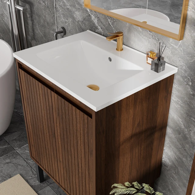 Alt view image 5 of 7 - 24 Inch Vanity Cabinet with Engineered Stone Sink Freestanding Fluted Vanity with Doors, Drain Faucet, Walnut, MDF