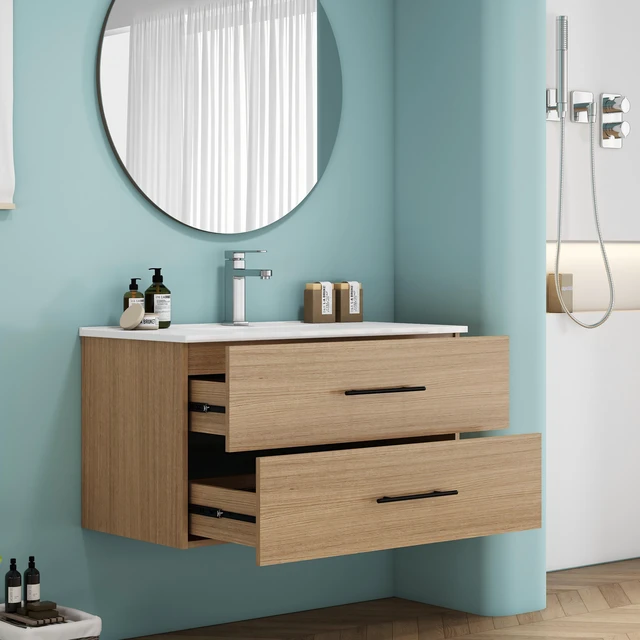Alt view image 4 of 7 - 36 Inch Wall-Mounted Vanity with Sink Combo, Double Drawers Ceramic Sink Long Metal Handle Easy Installation, Natural