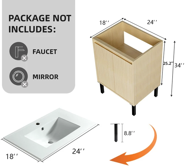 Alt view image 2 of 5 - 24 Inch Vanity Cabinet Without Sink Freestanding Fluted Vanity with Doors, Oak, MDF, Vanities