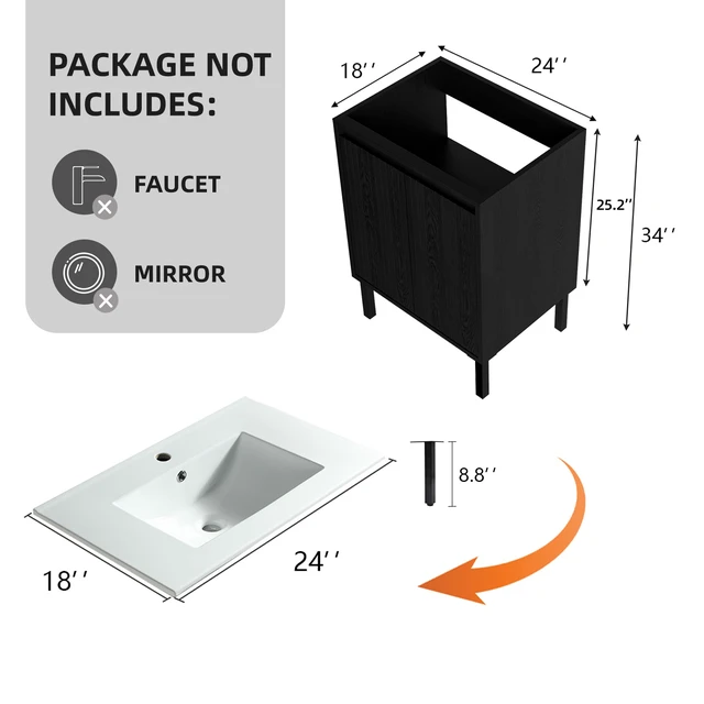 Alt view image 2 of 6 - 24 Inch Vanity Cabinet Without Sink Freestanding Fluted Vanity with Doors, Matt Black, MDF, Vanities