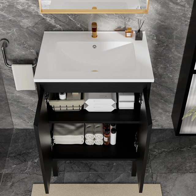 Alt view image 5 of 6 - 24 Inch Vanity Cabinet Without Sink Freestanding Fluted Vanity with Doors, Matt Black, MDF, Vanities