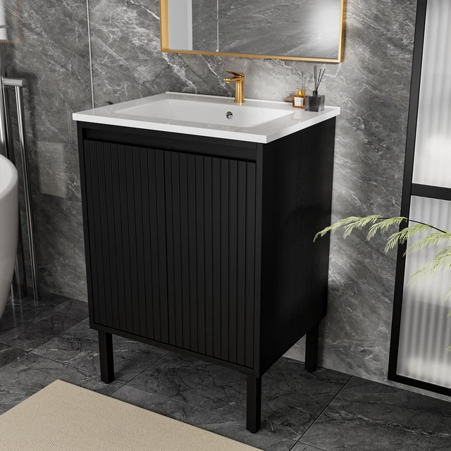 Alt view image 4 of 6 - 24 Inch Vanity Cabinet Without Sink Freestanding Fluted Vanity with Doors, Matt Black, MDF, Vanities