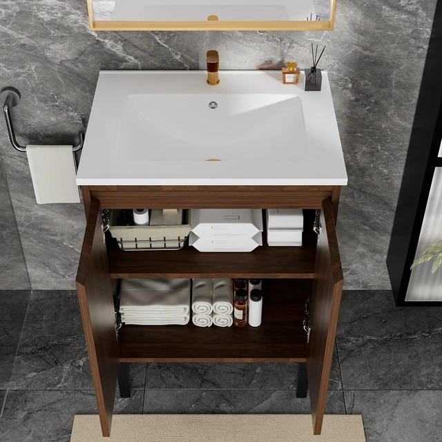 Alt view image 6 of 7 - 24 Inch Vanity Cabinet with Engineered Stone Sink Freestanding Fluted Vanity with Doors, Drain Faucet, Walnut, MDF