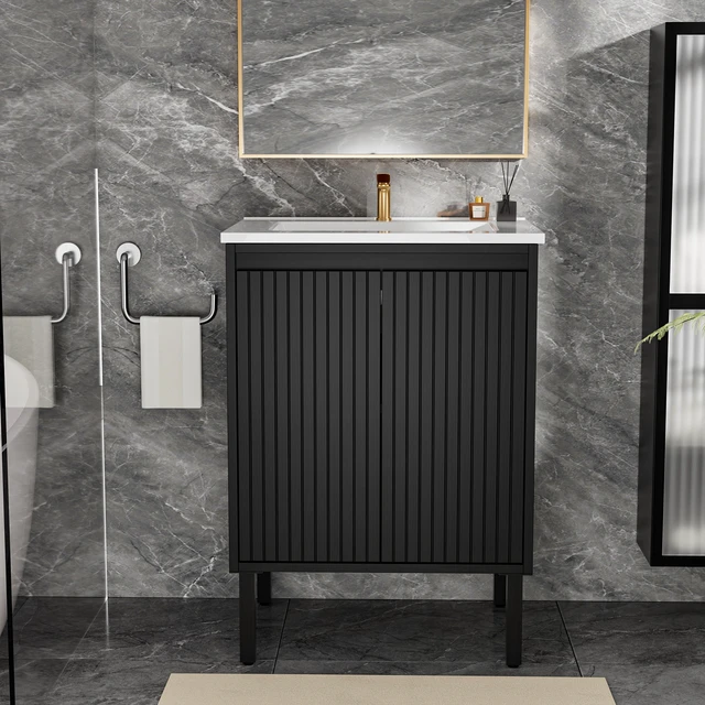 Alt view image 6 of 6 - 24 Inch Vanity Cabinet Without Sink Freestanding Fluted Vanity with Doors, Matt Black, MDF, Vanities