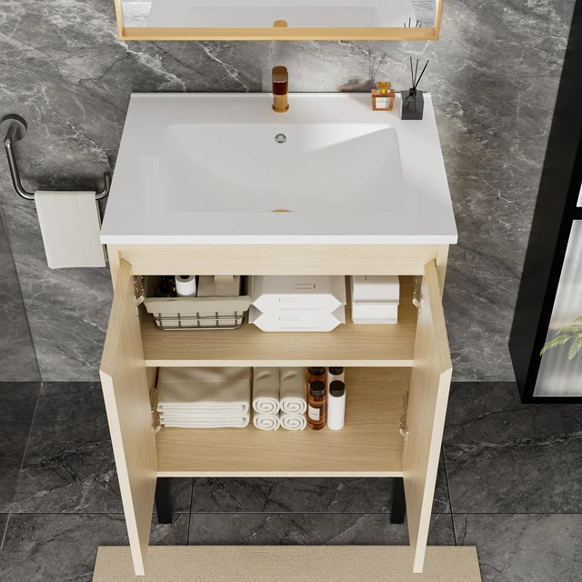 Alt view image 3 of 5 - 24 Inch Vanity Cabinet Without Sink Freestanding Fluted Vanity with Doors, Oak, MDF, Vanities