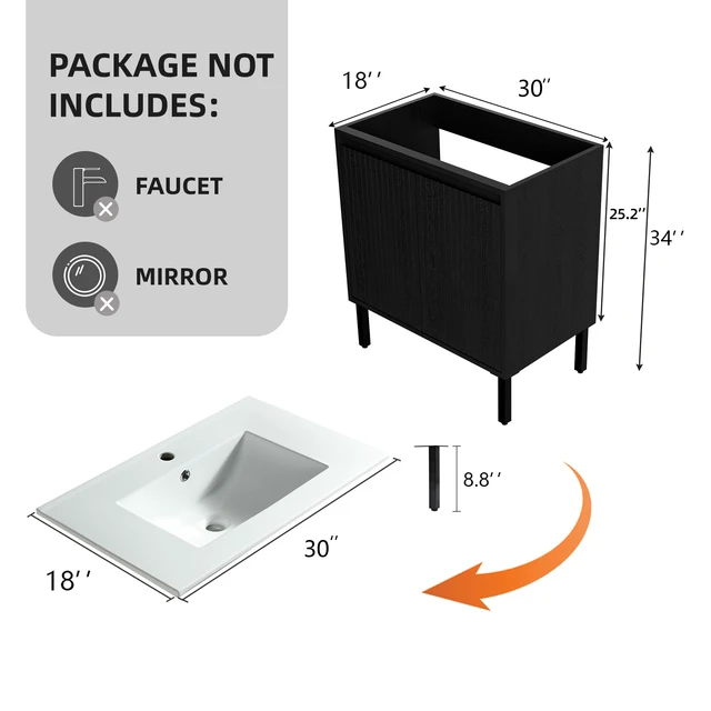 Alt view image 2 of 5 - 30 Inch Vanity Cabinet Without Sink Freestanding Fluted Vanity with Doors, Matt Black, MDF, Vanities