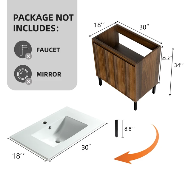 Alt view image 2 of 5 - 30 Inch Vanity Cabinet Without Sink Freestanding Fluted Vanity with Doors, Matte Brown, MDF, Vanities