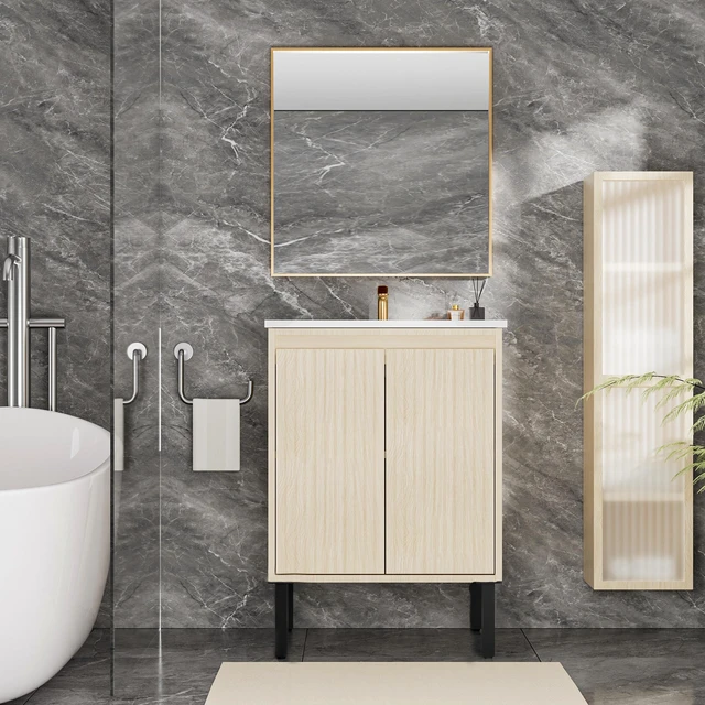 Alt view image 5 of 5 - 24 Inch Vanity Cabinet Without Sink Freestanding Fluted Vanity with Doors, Oak, MDF, Vanities