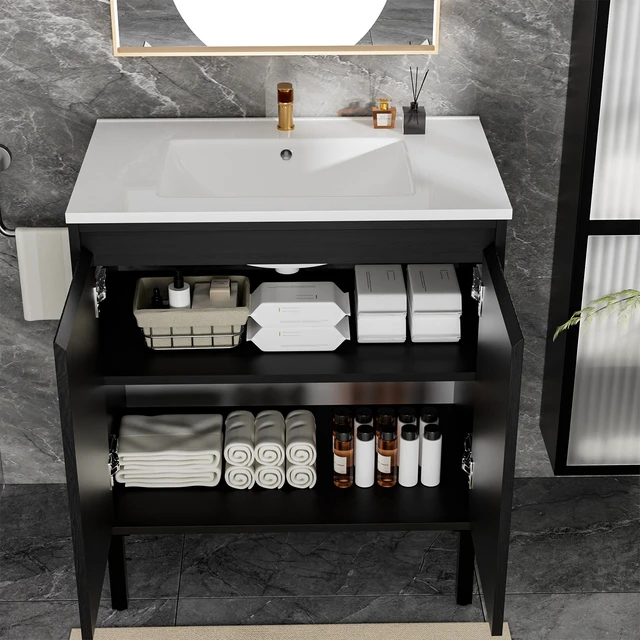 Alt view image 5 of 5 - 36 Inch Vanity Cabinet Without Sink Freestanding Fluted Vanity with Doors, Matt Black, MDF, Vanities
