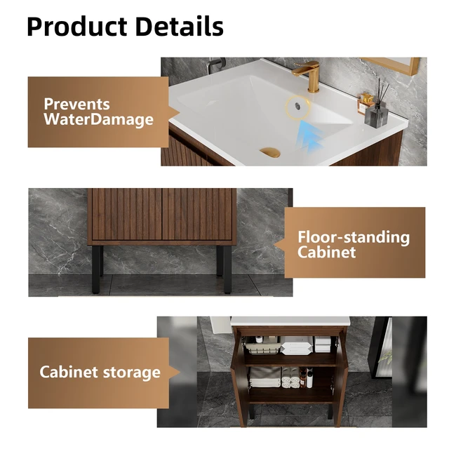 Alt view image 4 of 5 - 30 Inch Vanity Cabinet Without Sink Freestanding Fluted Vanity with Doors, Matte Brown, MDF, Vanities