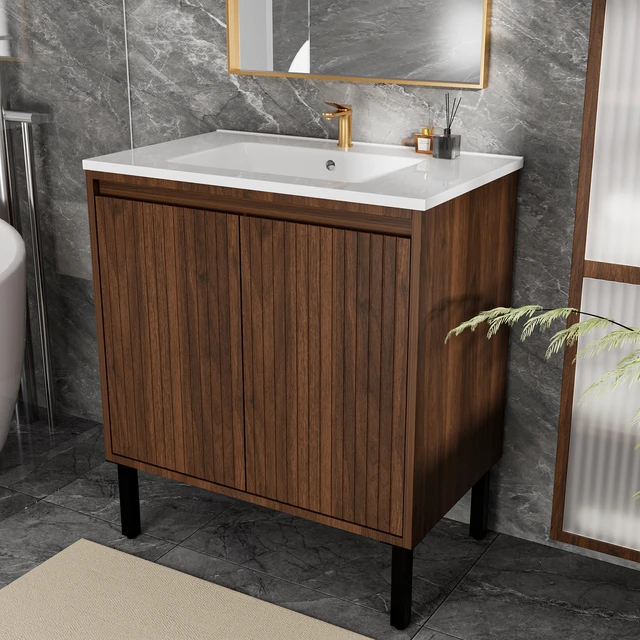 Alt view image 5 of 5 - 30 Inch Vanity Cabinet Without Sink Freestanding Fluted Vanity with Doors, Matte Brown, MDF, Vanities