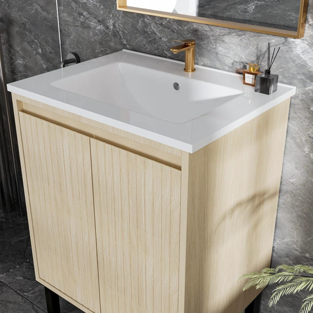 Alt view image 4 of 5 - 24 Inch Vanity Cabinet Without Sink Freestanding Fluted Vanity with Doors, Oak, MDF, Vanities