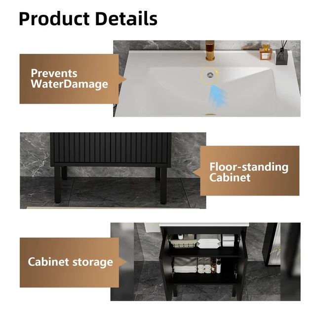 Alt view image 4 of 5 - 30 Inch Vanity Cabinet Without Sink Freestanding Fluted Vanity with Doors, Matt Black, MDF, Vanities