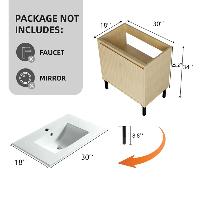 Alt view image 2 of 5 - 30 Inch Vanity Cabinet Without Sink Freestanding Fluted Vanity with Doors, Light Oak, MDF, Vanities