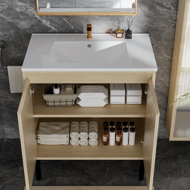 Alt view image 4 of 5 - 30 Inch Vanity Cabinet Without Sink Freestanding Fluted Vanity with Doors, Light Oak, MDF, Vanities