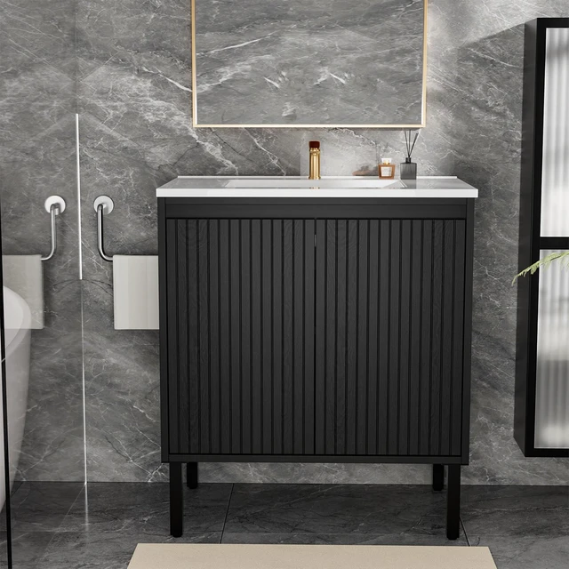Alt view image 4 of 5 - 36 Inch Vanity Cabinet Without Sink Freestanding Fluted Vanity with Doors, Matt Black, MDF, Vanities