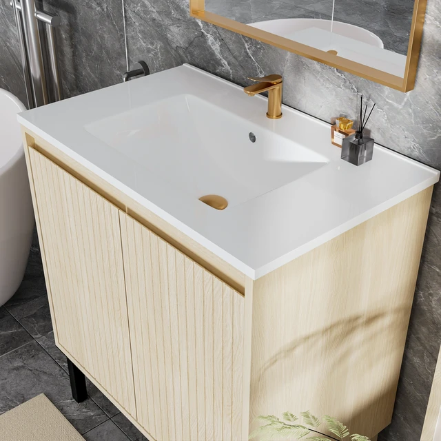 Alt view image 5 of 5 - 30 Inch Vanity Cabinet Without Sink Freestanding Fluted Vanity with Doors, Light Oak, MDF, Vanities