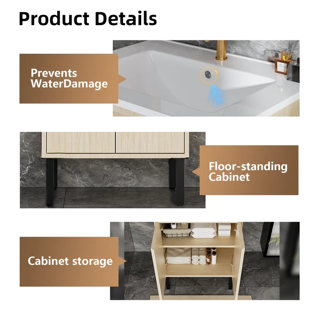 Alt view image 3 of 5 - 30 Inch Vanity Cabinet Without Sink Freestanding Fluted Vanity with Doors, Light Oak, MDF, Vanities