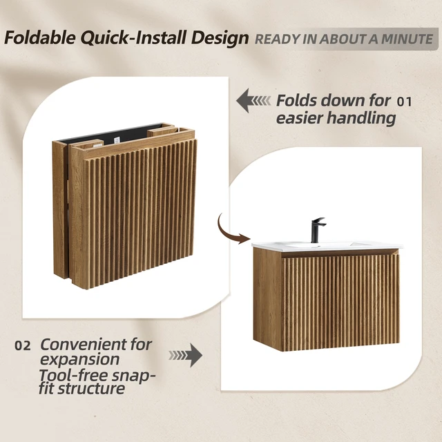 Alt view image 5 of 5 - 24 Inch Vanity Cabinet Without Sink Oak Wall Mounted Floating Folding Vanity with Doors, Golden Oak, MDF