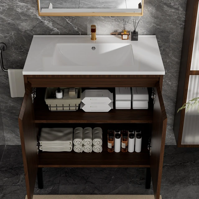 Alt view image 3 of 5 - 30 Inch Vanity Cabinet Without Sink Freestanding Fluted Vanity with Doors, Matte Brown, MDF, Vanities
