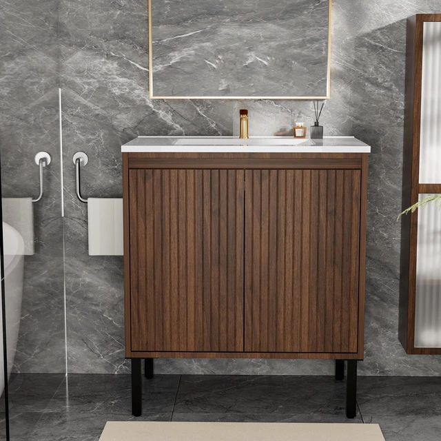 Alt view image 5 of 5 - 36 Inch Vanity Cabinet Without Sink Freestanding Fluted Vanity with Doors, Matte Brown, MDF, Vanities