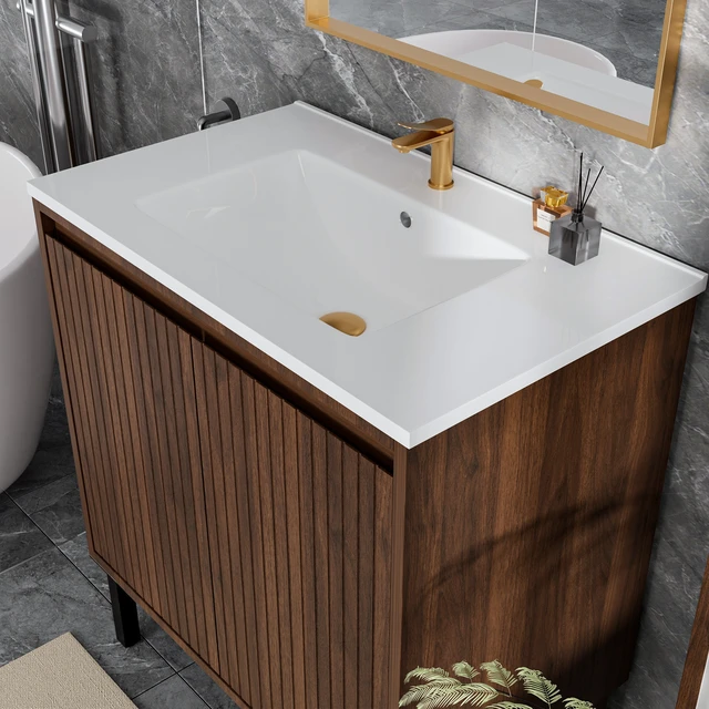 Alt view image 2 of 5 - 36 Inch Vanity Cabinet Without Sink Freestanding Fluted Vanity with Doors, Matte Brown, MDF, Vanities