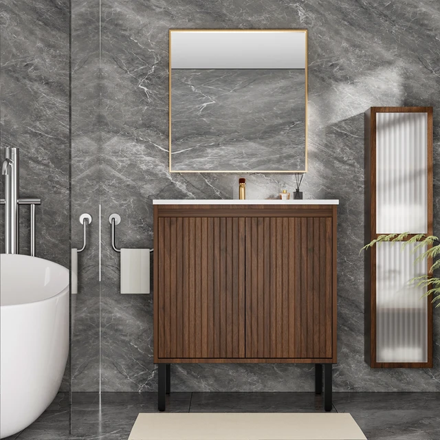 Alt view image 4 of 5 - 36 Inch Vanity Cabinet Without Sink Freestanding Fluted Vanity with Doors, Matte Brown, MDF, Vanities
