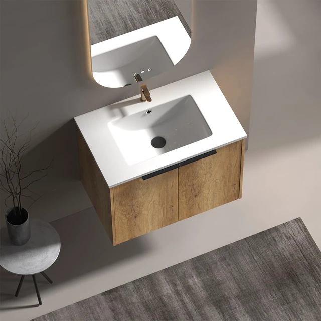 Alt view image 3 of 7 - 30 Inch Vanity Cabinet with Engineered Stone Sink Oak Wall Mounted Floating Vanity with Doors, Drain Faucet, Golden