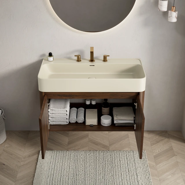 Alt view image 2 of 6 - 36 Inch Vanity and Sink, Floating Storage Cabinet Solid Surface Integrated Basin with Pre Drilled Faucet Holes