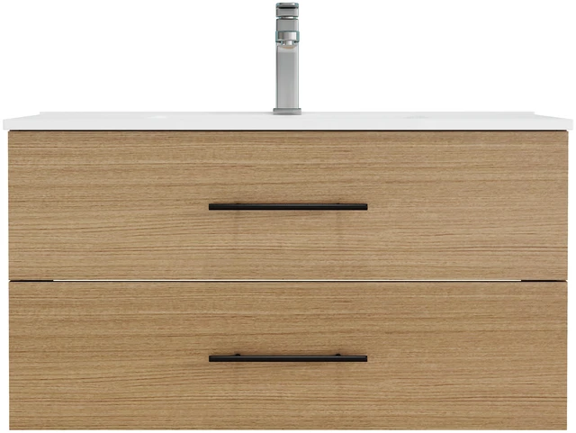 Alt view image 7 of 7 - 36 Inch Wall-Mounted Vanity with Sink Combo, Double Drawers Ceramic Sink Long Metal Handle Easy Installation, Natural